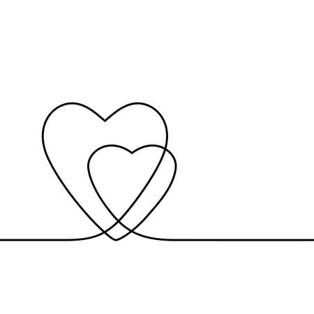 Continuous line drawing two hearts, Black and white vector minimalist illustration of love conceptのイラスト素材