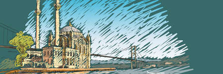 Famous turkish landmark Ortakoy Mosque in Istanbul and Bosphorus bridge Vector colored sketch, Hand drawn illustration, long web bannerのイラスト素材