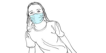 Sketch of pre-teen girl in medical face mask, Children and pandemic quarantine. Long hair, looking straight, Vector hand drawn illustration, new normalのイラスト素材