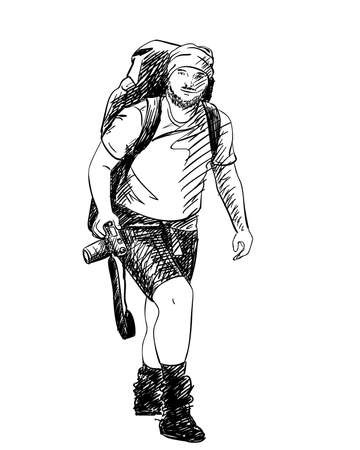 Man with big backpack and photo camera standing looking straight Vector drawing, Hand drawn backpacker isolated hand drawn sketchのイラスト素材