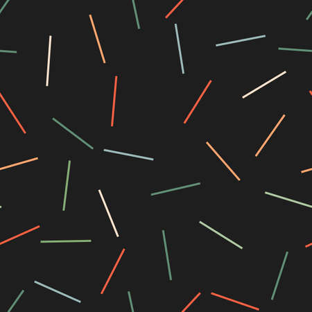 Seamless pattern different color thin sticks in random position on black background, memphis pattern vector linesのイラスト素材