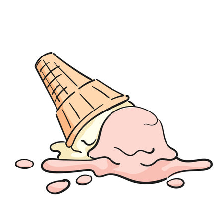 Dropped ice cream doodle two scoops in waffle cone isolated clipart on white background, Delicious sweet dairy dessert vector illustrationのイラスト素材