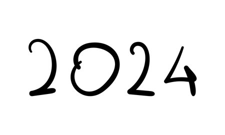 Year 2024 handwritten date numbers made from rounded black lines doodle, Vector illustrationのイラスト素材