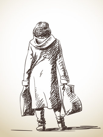 Sketch of standing woman with shopping bags, Hand drawn illustrationのイラスト素材