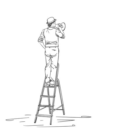 Man in bowler hat speaking through megaphone while standing on stepladder, Vector outline sketch Hand drawn illustrationのイラスト素材