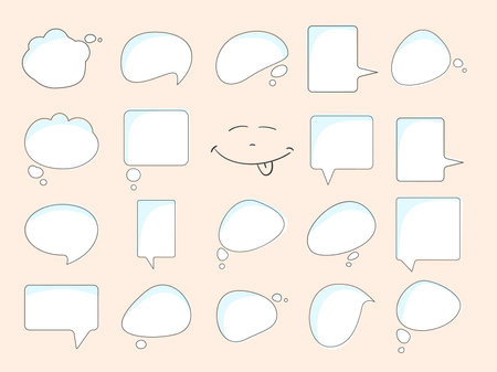 Speech and thought bubbles set, thin line contour with white and blue background. Doodle happy face showing tongue for happy dayのイラスト素材