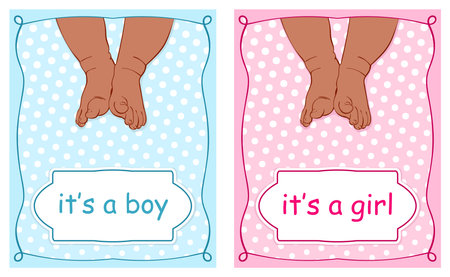 Its a girl, Its a boy - baby shower greeting card design set for invitation with african baby feet, Colored line art sketch on dots pink and blue background, Hand drawn vector illustrationのイラスト素材