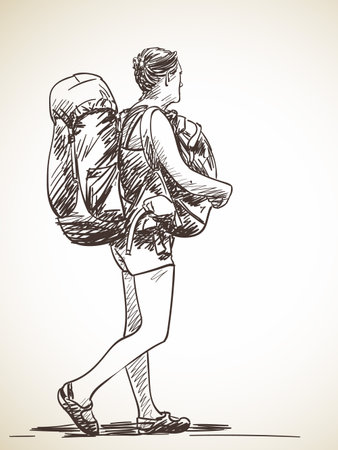 Sketch of woman walking with backpack, Hand drawn illustrationのイラスト素材
