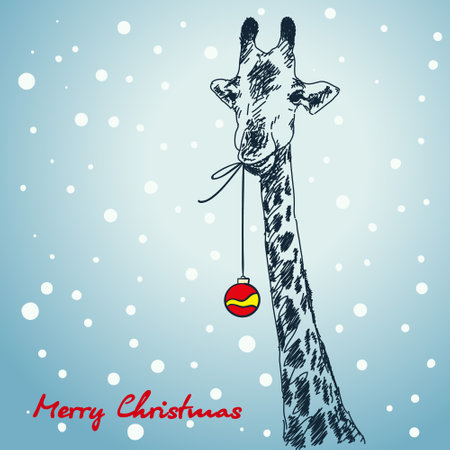 Christmas card hand drawn giraffe with xmas ball hanging from his mouthのイラスト素材
