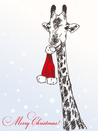 Christmas card hand drawn giraffe with Santa hat hanging from his mouthのイラスト素材