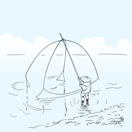 Vector sketch of man fishing by lifting net, Laos, Hand drawn linear illustrationのイラスト素材