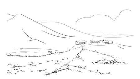 Sketch of small village with lake in mountains, Hand drawn illustrationのイラスト素材
