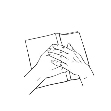Sketch of both hands laying on open book, Hand drawn isolated vector line art illustrationのイラスト素材