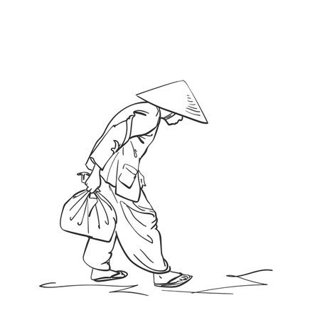 Weak hunched old woman in vietnamese hat walking with bag in hand, Vector sketch, Hand drawn linear illustrationのイラスト素材