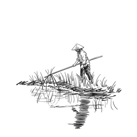 Sketch of woman in vietnamese hat fishing by lifting net on bamboo sticks, Vector hand drawn illustrationのイラスト素材