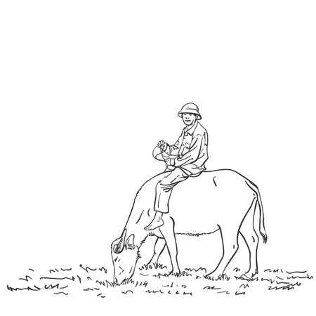 Asian farmer man is riding buffalo, Vector hand drawn linear sketchのイラスト素材