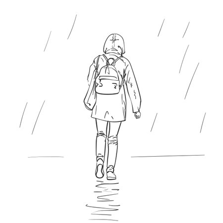 Woman walking in rain in jacket with hood and with small backpack, Back view. Hand drawn linear illustration, vector sketchのイラスト素材