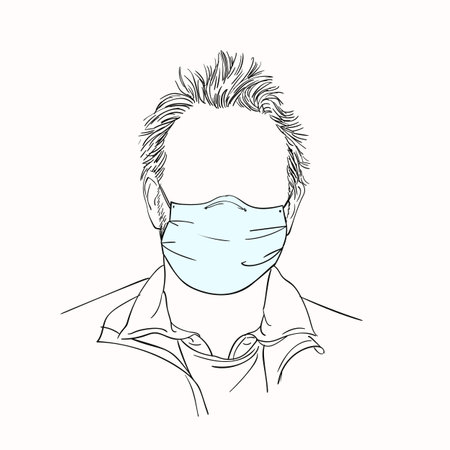 Man with no face in medical mask, Hand drawn portrait, prevention. Vector sketchのイラスト素材