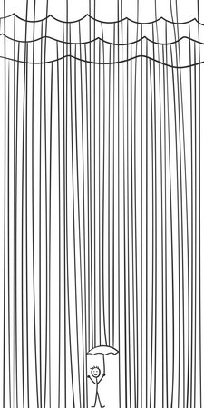 Stick man with umbrella under heavy rain, Stick figure happy people in nasty autumn weather, Vector sketch Hand drawn illustration black and white simple doodle. Striped backgroundのイラスト素材