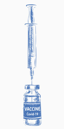 Vaccine Covid-19 syringe and vial medicine bottle vector drawing, Blue ink sketch on white background. Fight against coronavirus. Vaccination, immunization, treatmentのイラスト素材