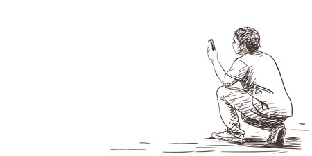Man in medical face mask squatting and taking picture with smartphone Vector drawing, People at pandemic sketch. Hand drawn illustration isolated on white background with space for textのイラスト素材