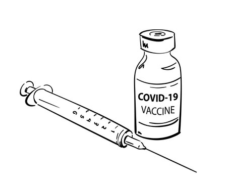 Vaccine bottle and syringe vector drawing. Closeup hand drawn Coronavirus Vaccine and syringe injection white background. Drug ampoule, Vaccination conceptのイラスト素材