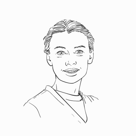 Smiling woman portrait with combed hair, Vector sketch, Hand drawn illustrationのイラスト素材