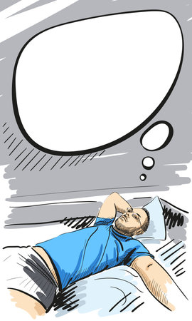 Young man resting on bed and thinking with thought bubble, wearing eye glasses, blue t-shirt and underwear. Vector sketch, Hand drawn illustrationのイラスト素材