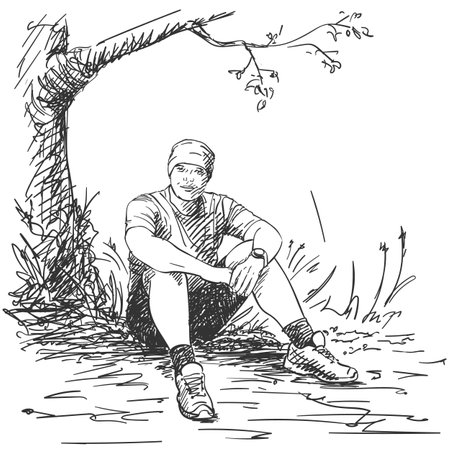Man in sportswear sits on the ground under a tree. Hand drawn illustration, vector sketchのイラスト素材