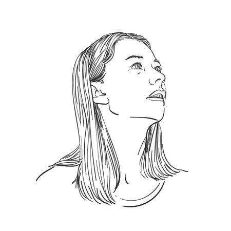Portrait of woman with long hair looking sideways up, Hand drawn illustration, Vector sketchのイラスト素材
