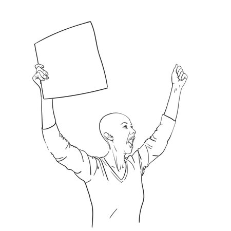 Protest. Bald woman with blank sign board is screaming and showing fist. Vector sketch, Hand drawn line art illustrationのイラスト素材