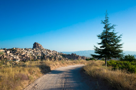 Country road, dry grass, medium-sized coniferous tree, long shadows, blue clear sky, Uchisar Castle rock formation on the horizon surrounded by an cave town on a hill, Cappadocia, Turkeyの写真素材