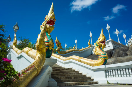 Dragon Statue colorful Naga staircase at Wat Kaew Korawaram public Temple in Krabi, Thailandの写真素材