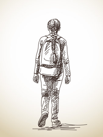 Hand drawn sketch of schoolgirl with backpack from backのイラスト素材