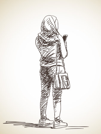 Sketch of woman with smart phone, Hand drawn illustrationのイラスト素材
