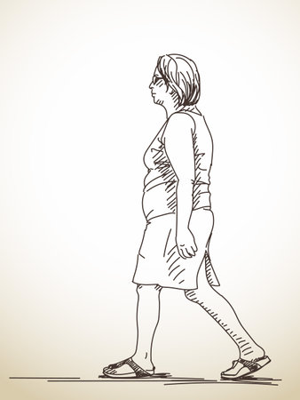 Sketch of walking woman, Hand drawn illustrationのイラスト素材