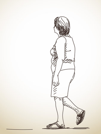 Sketch of walking woman, Hand drawn illustrationのイラスト素材
