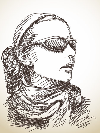 Portrait of young woman in sun glasses, Hand drawn sketchのイラスト素材