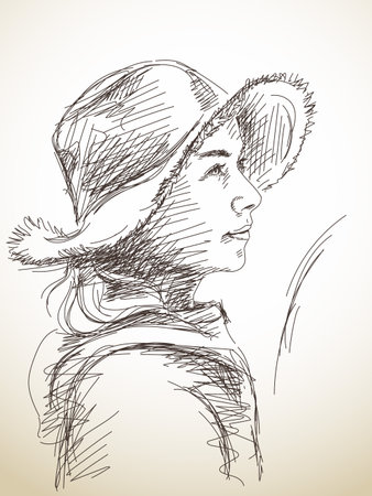 Portrait of young woman in hat, Hand drawn sketchのイラスト素材