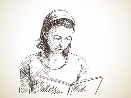 Sketch of woman reading book, Hand drawn illustrationのイラスト素材