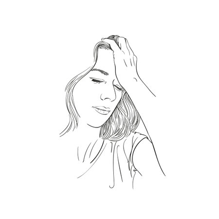 Sketch of tired young woman has headache, Hand drawn vector linear illustrationのイラスト素材