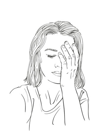 Sketch of sad and tired young woman, Hand drawn vector linear illustrationのイラスト素材