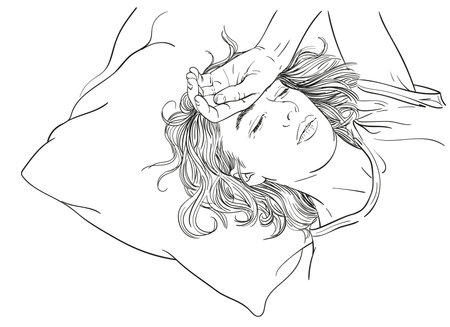 Sketch of tired young woman sleeping in bed, Hand drawn vector linear illustrationのイラスト素材