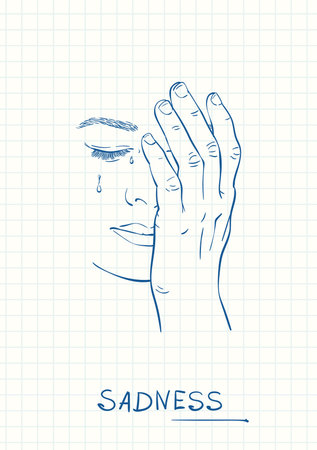 Sad crying woman face closed with hand, Blue pen sketch on square grid diary page, Hand drawn vector linear illustrationのイラスト素材