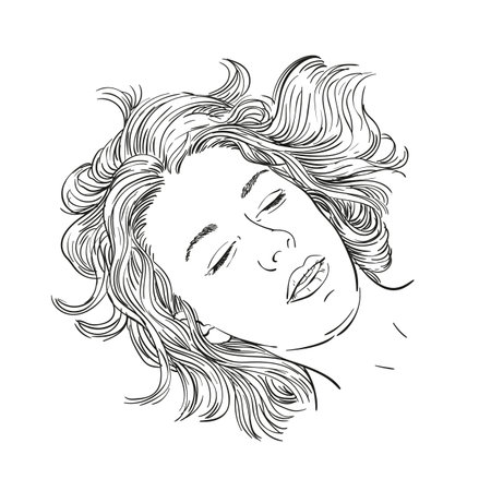 Sketch of young sleeping woman head isolated, Hand drawn vector linear illustrationのイラスト素材