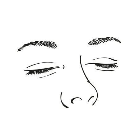Sketch of woman's closed eyes, nose and eyebrows, Hand drawn vector illustration, Line artのイラスト素材