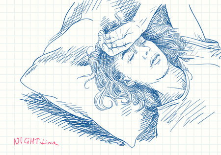 Tired young woman sleeping in bed, Blue pen sketch on square grid diary page, Hand drawn vector illustrationのイラスト素材