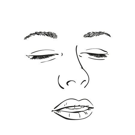 Sketch of woman face with closed eyes, Hand drawn vector illustration, Line artのイラスト素材