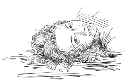 Sketch of upside down portrait of caucasian young woman smiling while laying relaxing, Hand drawn vector illustration with cross hatched shadesのイラスト素材