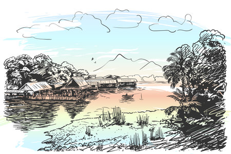 Sketch of river scenery in Southeast Asia with fishing boat, village, jungle, clouds and mountain, Hand drawn vector illustration on watercolor backgroundのイラスト素材
